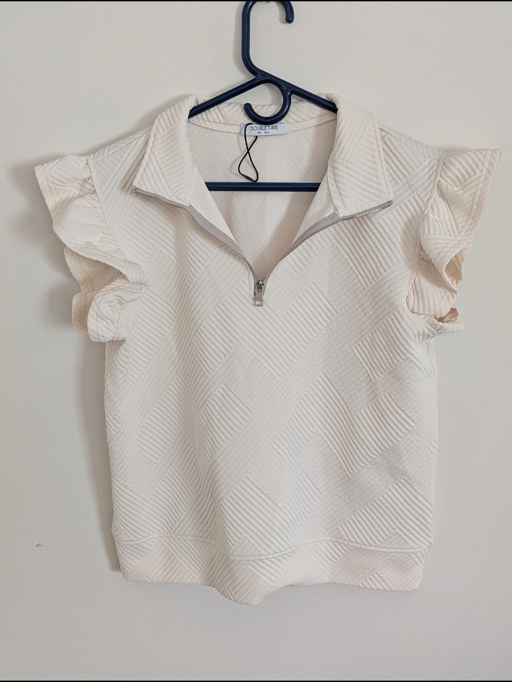 Double Take Ivory Solid Knit Quilted Ruffle Collared Half Zip Top S